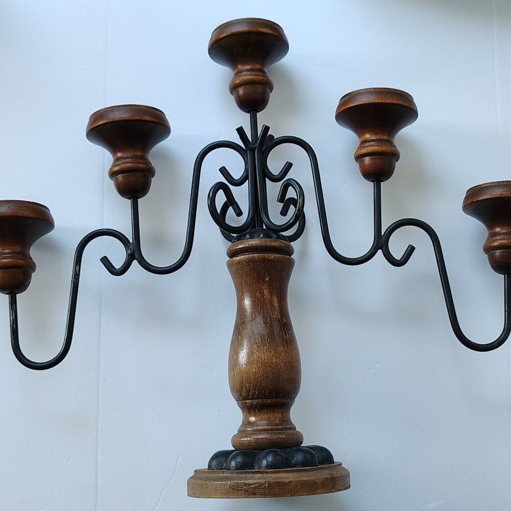 Boho Chic Candleabra Brown Wood 5 Candleholder Black Metal Casual